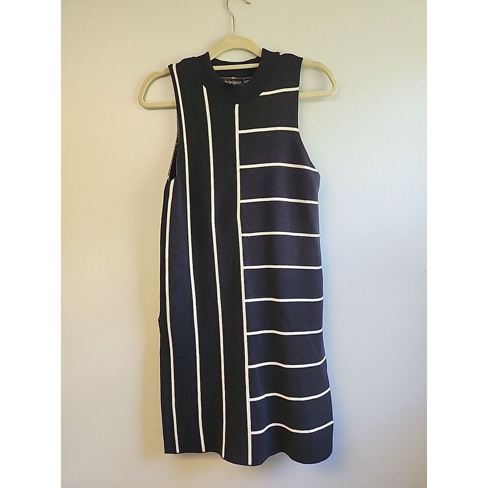 Topshop Womens‎ 6 Black White Striped Sweater Tunic Split Hem Sleeveless 125149